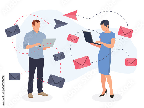 Business correspondence concept. Flat people communicate via mail. Envelopes flying at the air.