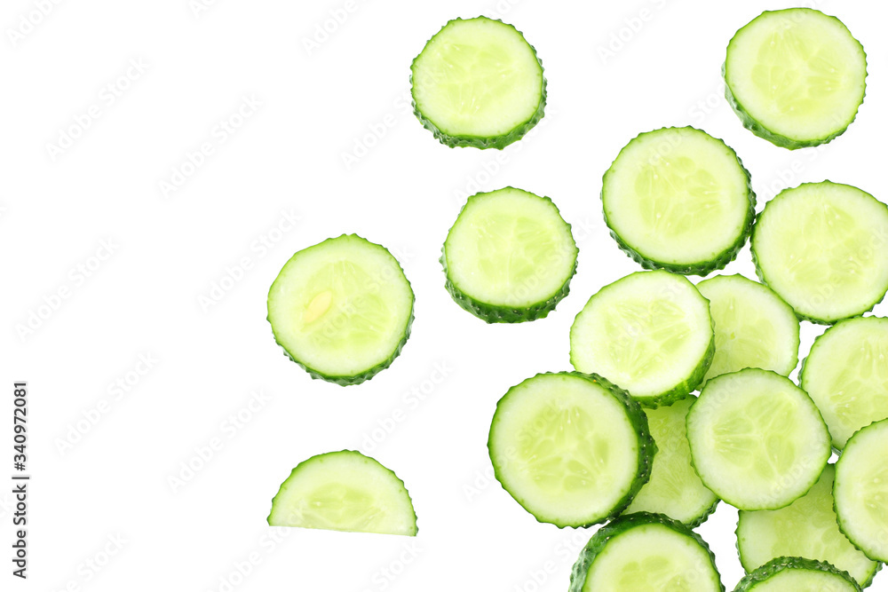 fresh cucumber slices isolated on white background. top view fresh cucumber slices isolated on white background. top view