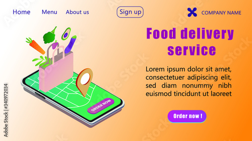 Food Delivery app isometric  webpage, app design,landing page  .Food shipping. Order groceries oline using smartphone app. Illustration of isometric smartphone with bag full of foo . 