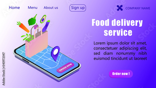 Food Delivery app ,website template.Food shipping. Order groceries oline using smartphone app. Isometric smartphone with bag full of food on purple background . Webpage, app design,landing page.