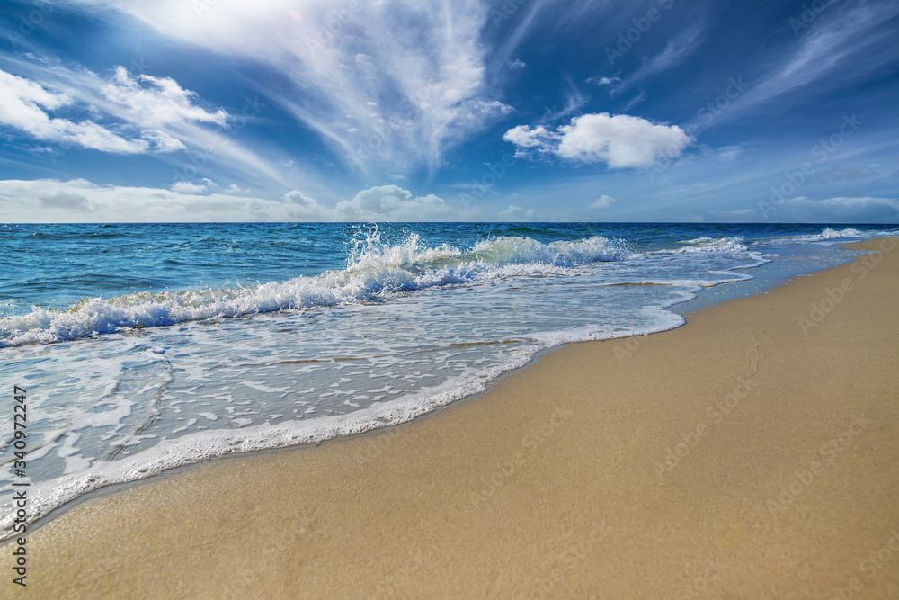 Obraz premium Sea beach, sand, blue sky. Marine relaxation landscape and summer vacation concept design