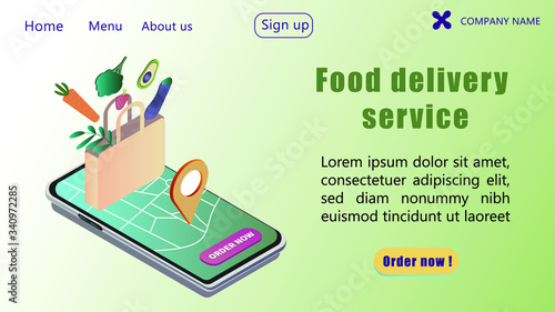 Food Delivery app isometric website template.Order groceries oline using smartphone app.Isometric Illustration