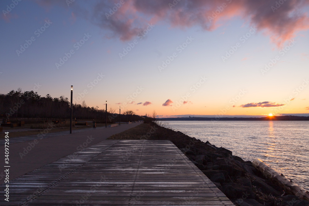 The Samuel-de-Champlain walk seen during a beautiful sunrise over Lévis, Sillery area, Quebec City, Quebec, Canada