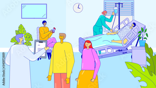 People visit patient in hospital, medical clinic service, rehabilitation recovery center, vector illustration. Doctor offers to sign insurance contract, responsibility agreement document. Nurse care