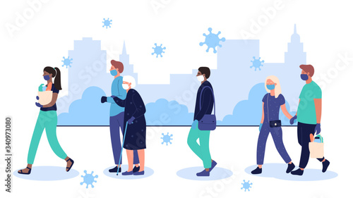 Coronavirus epidemic in urban city. People characters wearing protective face masks walking on street in city vector illustration. Prevent corona virus disease covid-19 spread vector illustration
