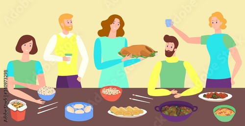 People eating Asian food together, friends cartoon characters, Thanksgiving vector illustration. Woman offers baked turkey for dinner. Holiday meal at home, cheerful guests celebrate social event