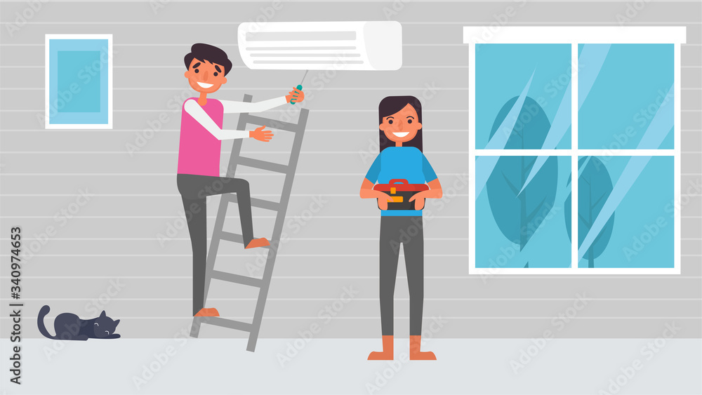 Obraz premium Air conditioner repair Housework Lover hobbies activities couples spend together summer ,holidays, Time with loved ones Happiness No place like home concept vector illustration in flat cartoon style.