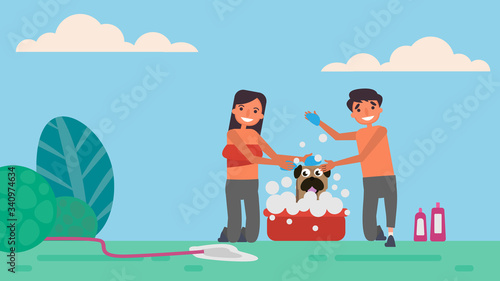 Bathe for pets.Housework Lover hobbies activities couples spend together summer  holidays  Time with loved ones Happiness No place like home concept vector illustration in flat cartoon style.
