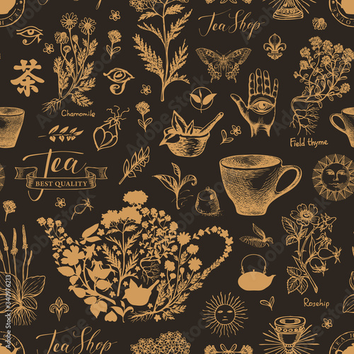 Vector seamless pattern with hand-drawn medicinal herbs. Abstract background on the theme of tea in retro style with sketches. Suitable for Wallpaper, wrapping paper, fabric. Chinese character tea