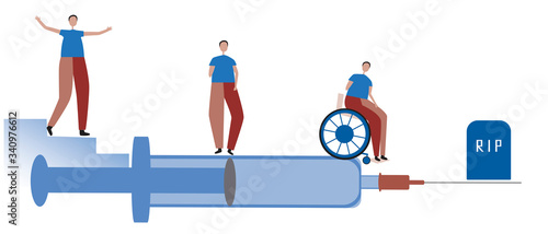 Addict and a big syringe as a concept for stopping addiction, screaming stock vector illustration with a young man, infalid in a stroller and a grave on a white background
