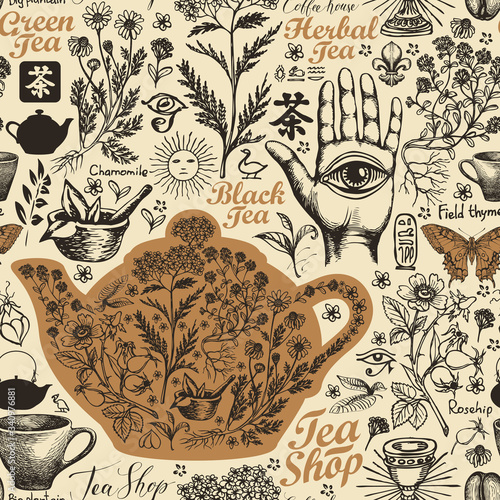 Vector seamless pattern on the theme of tea and tea shop with sketches. Old-fashioned decorative background with hand-drawn herbs. Suitable for Wallpaper, wrapping paper, fabric. Chinese character tea