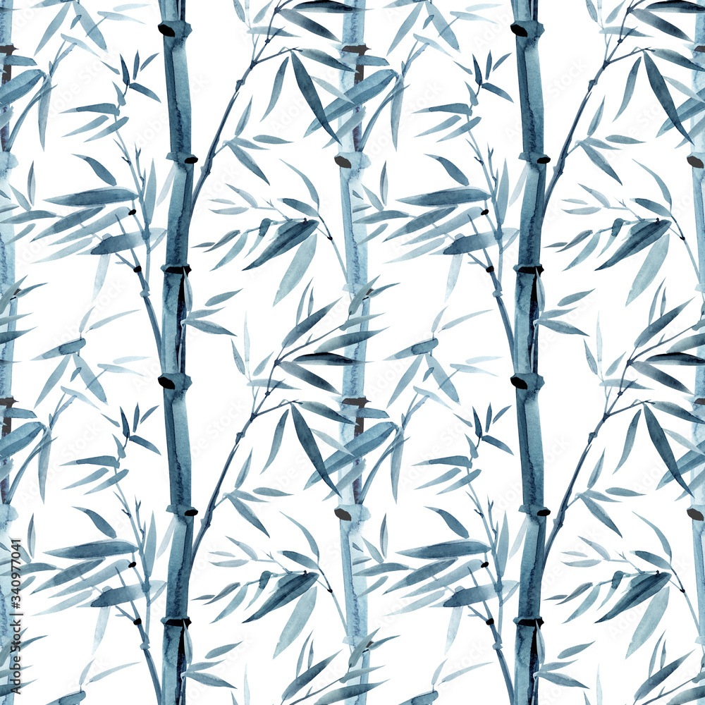 Obraz premium Bamboo seamless pattern on a white background, watercolor illustration. Print for fabric, background for various designs.