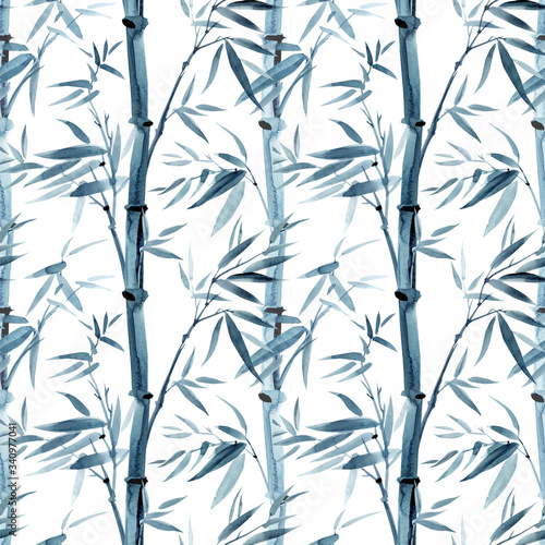 Bamboo seamless pattern on a white background, watercolor illustration. Print for fabric, background for various designs.
