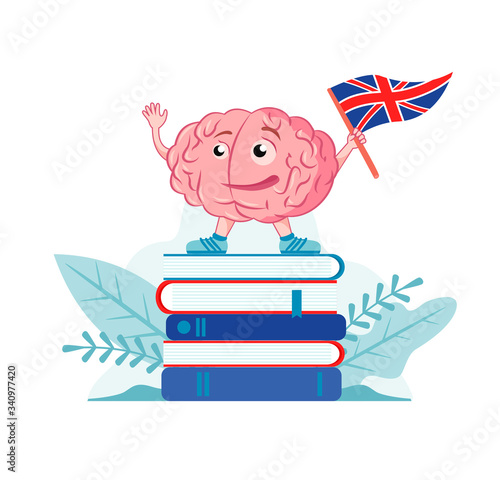 Brain character with the English flag is on the books. Studiing English language. Vector icon, illustation for the logo of English language courses.