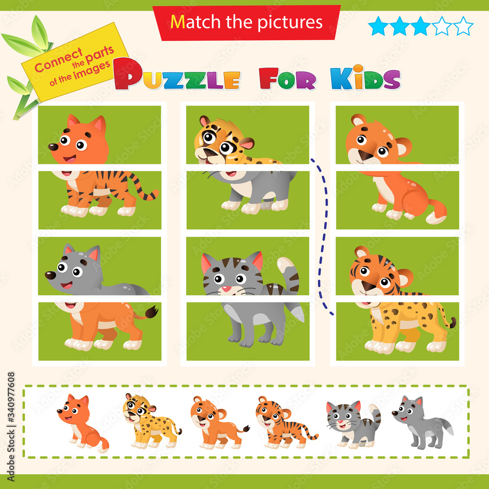 Obraz premium Matching game for children. Puzzle for kids. Match the right parts of the images. Baby animals. Little cat, wolf, lion, tiger, cheetah, fox.