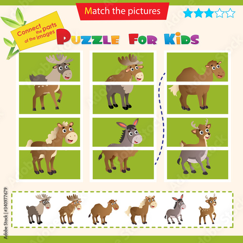 Matching game for children. Puzzle for kids. Match the right parts of the images. Set of animals. Elk, reindeer, camel, horse, donkey, deer.