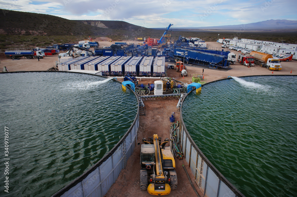Vaca Muerta, Argentina, November 23, 2015: Extraction of unconventional oil. Water tanks for hydraulic fracturing.