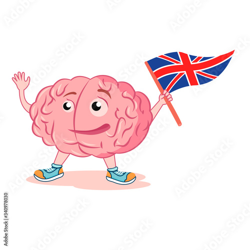 Brain with the English flag. study English language. Character for the logo of English language courses.