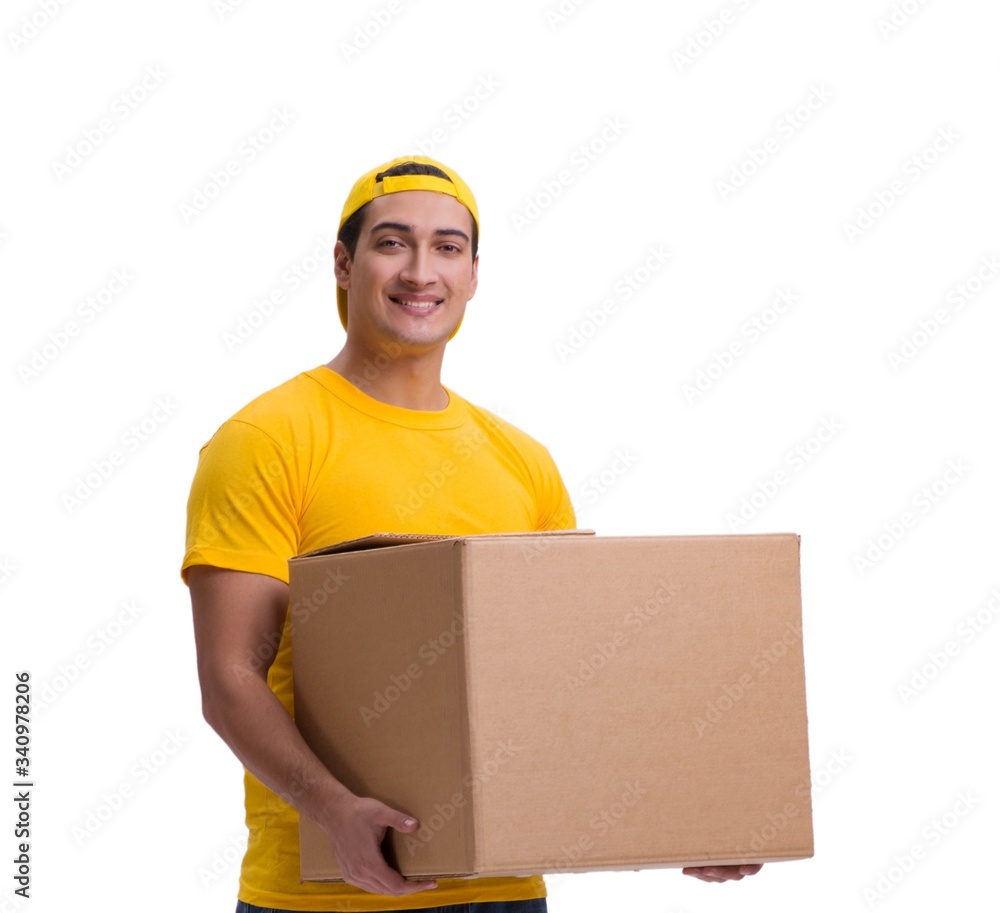 Funny delivery boy with box isolated on white Funny delivery boy with box isolated on white