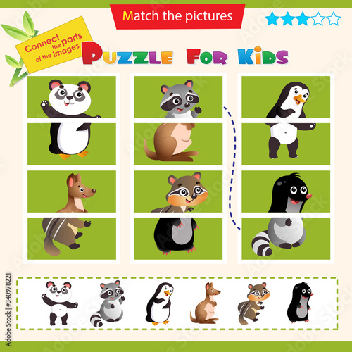 Matching game for children. Puzzle for kids. Match the right parts of the images. Set of animals. Panda, raccoon, penguin, Chipmunk, kangaroo, mole.
