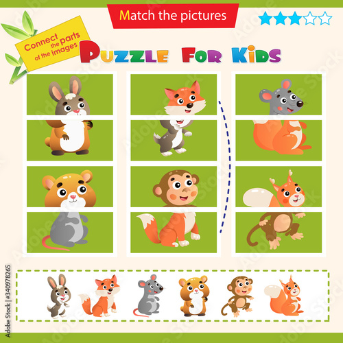 Matching game for children. Puzzle for kids. Match the right parts of the images. Set of animals. Hare, Fox, mouse, hamster, monkey, squirrel. © oleon17