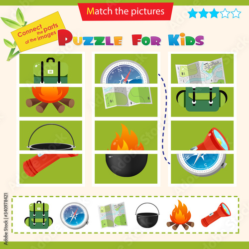 Matching game for children. Puzzle for kids. Match the right parts of the images. Set of tourist equipment.