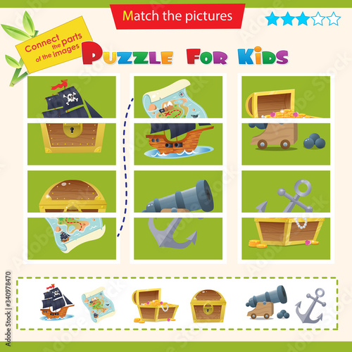 Fototapeta Naklejka Na Ścianę i Meble -  Matching game for children. Puzzle for kids. Match the right parts of the images. Pirate ship, cannon, map, treasure chest, closed coffer with lock, anchor.