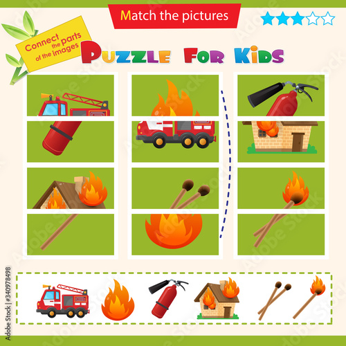 Matching game for children. Puzzle for kids. Match the right parts of the images. Transport. Fire truck, fire, extinguisher, matches.