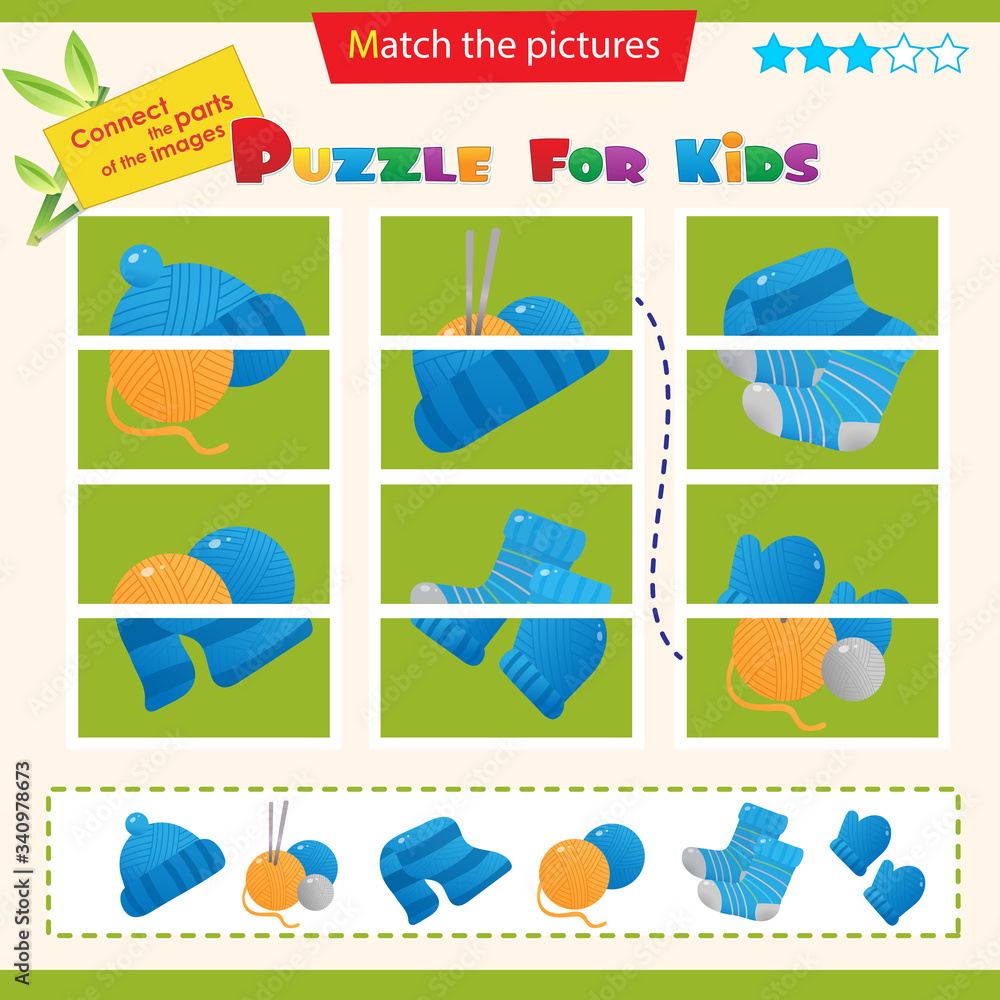 Matching game for children. Puzzle for kids. Match the right parts of the images. Handcraft. Skeins or balls of yarn with knitting needles. Knitted socks and scarf, hat and mittens.