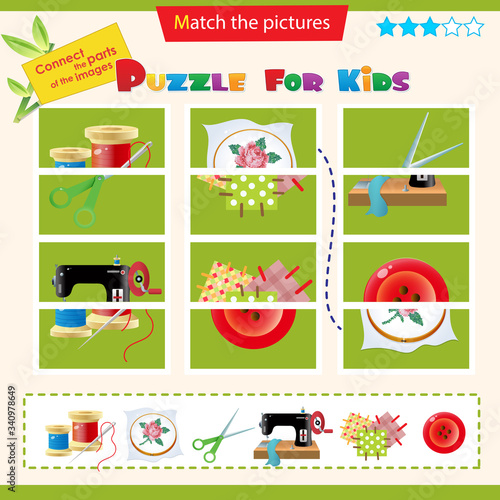 Matching game for children. Puzzle for kids. Match the right parts of the images. Handcraft. Sewing machine, needle and thread, scissors. Hoop with needlework. Patching and button.