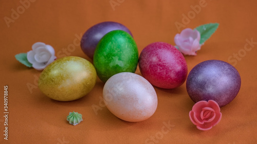 Beautiful Easter eggs laid out on the table