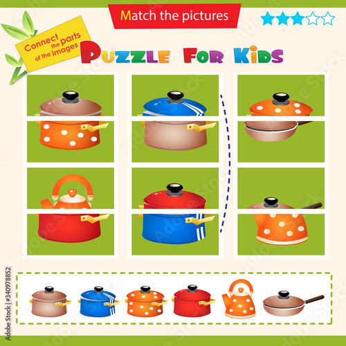 Matching game for children. Puzzle for kids. Match the right parts of the images. Set of kitchen utensils. Pot, kettle, frying pan.