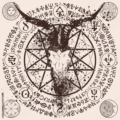 Fotografia Vector abstract illustration with a horned goats head, a pentagram, occult and witchcraft signs