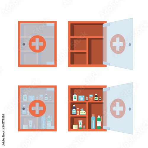Red medical cabinet with open and closed glass transparent door. Medicine chest full of drugs, tablets and bottles. Isolated vector illustration in flat style on white background