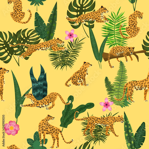 Fototapeta Naklejka Na Ścianę i Meble -  Leopards in different poses with tropical plants leaves flowers seamless pattern