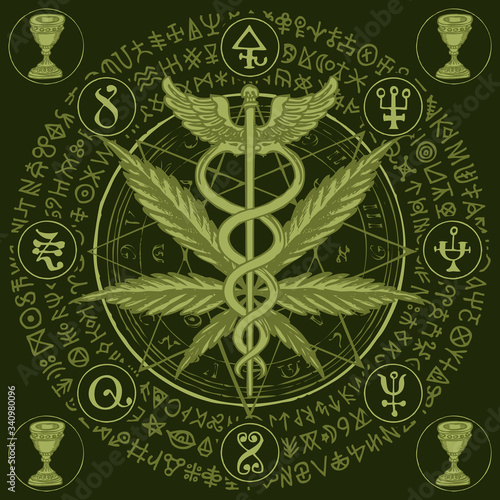 Vector banner for Legalize marijuana with a Caduceus, cannabis leaf, magic runes and signs written in a circle on the black background. Natural product made from organic hemp, medical symbol