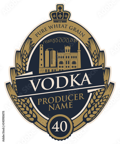 Template vodka label with wheat ears, crown and distillery building in oval frame. Decorative vector label for vodka in retro style in form of coat of arms isolated on white background