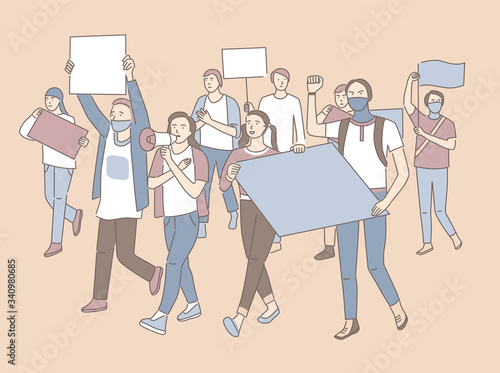 Young men and women holding banners in hands and protesting. Students activists with empty placards. Demonstration, political protest, activism, voting concept. People crowd. Flat vector illustration