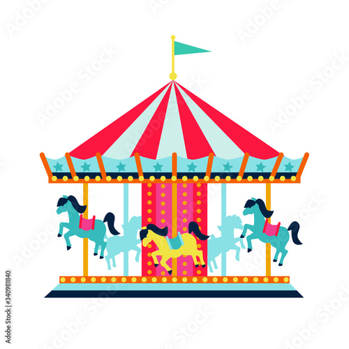 Carousel with horses or merry-go-round for children, amusement park, circus. Flat style vector illustration isolated on white background.
