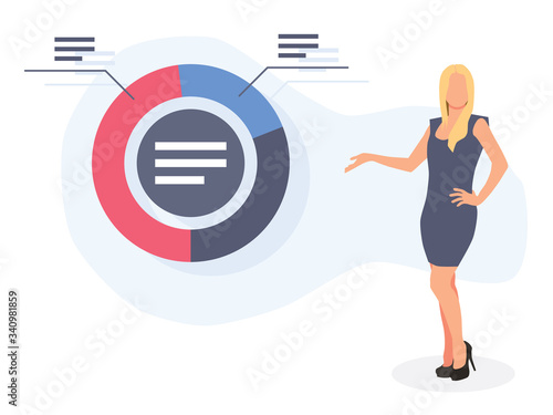 Young woman in business suit making presentation. Business seminar planning meeting flat style concept.