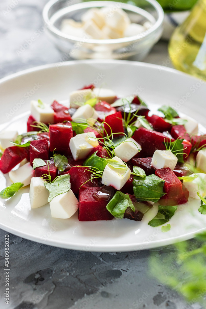 Baked beets with feta cheese and shoots of young peas Baked beets with feta cheese and shoots of young peas