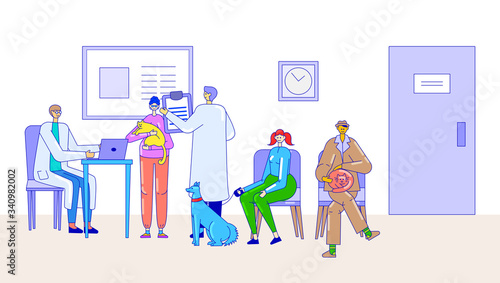 Veterinary clinic patients, people with pets waiting for doctor appointment, vector illustration. Men and women cartoon characters, vet examines animals in clinic. Cats and dogs healthcare treatment