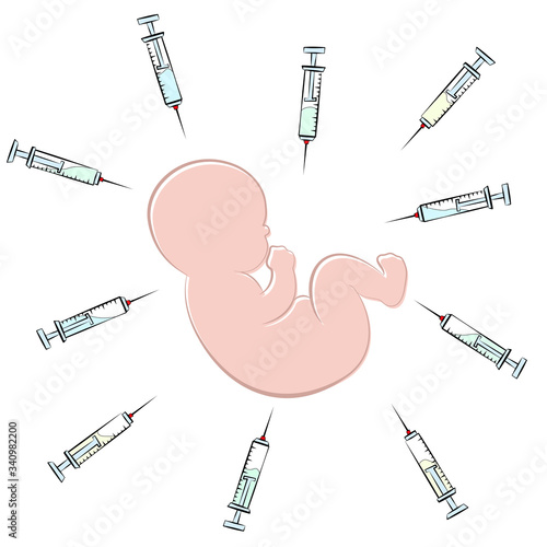 Baby surrounded by syringes, symbolic for vaccine insanity against measles, polio, smallpox, diphtheria, tetanus, chicken pox. Riskful multiple vaccination, immunization campaigns of pharma industry.
