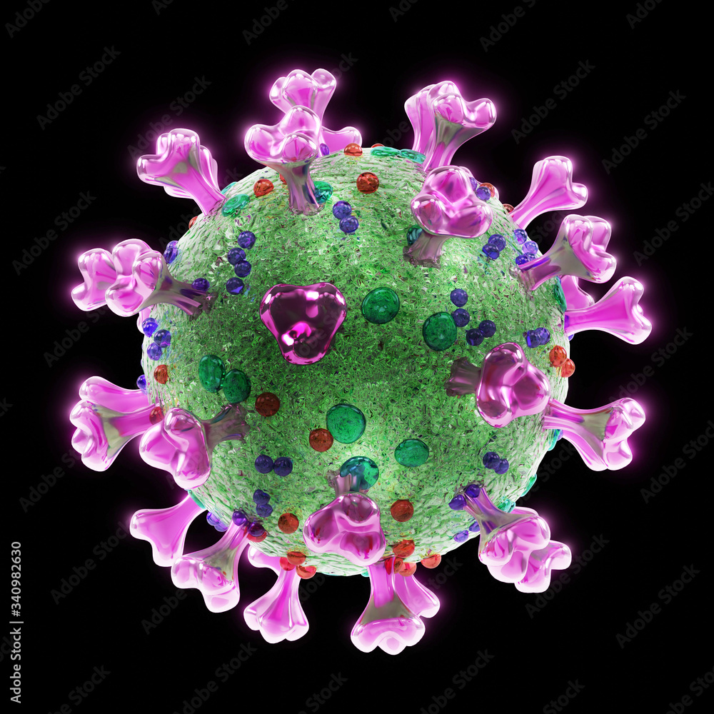 coronavirus (Covid-19, Sars-CoV-2) Microscopic view of all major elements of the virus - including the Spike S-protein, the HE-protein, the M-protein, and the E-protein. Detailed medical 3d render.