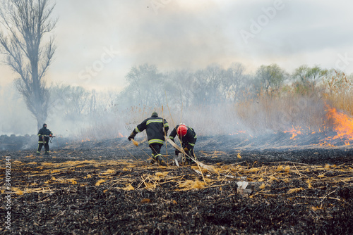 firefighters spray water to wildfire. Fireman working hard to put out the bush fires