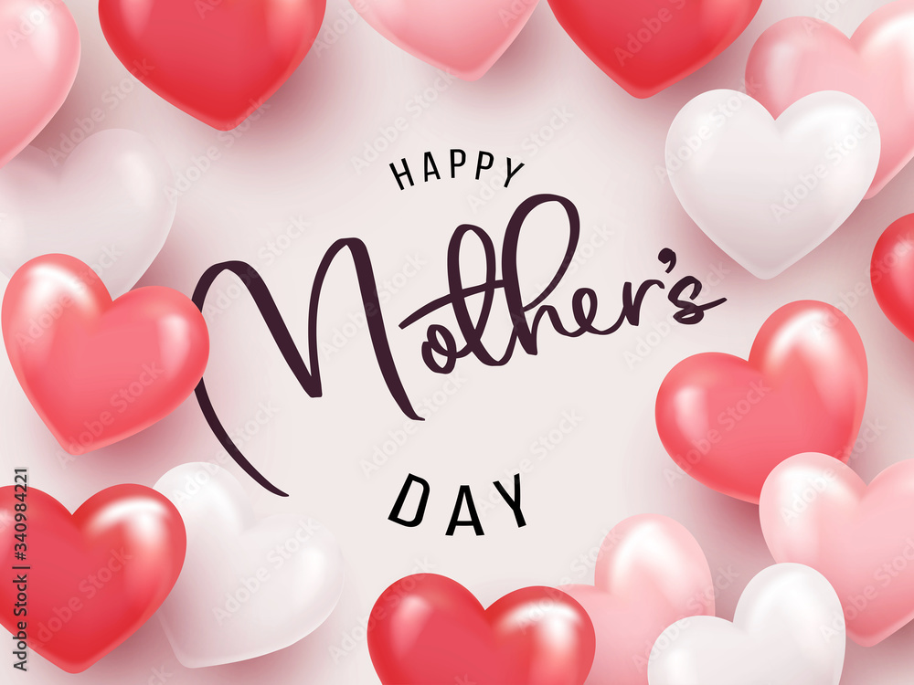 Mothers Day greeting card with beautiful 3d hearts and typography.  Mothers Day holiday illustration for greeting banner, fashion ads, poster, flyer, social media, promotion