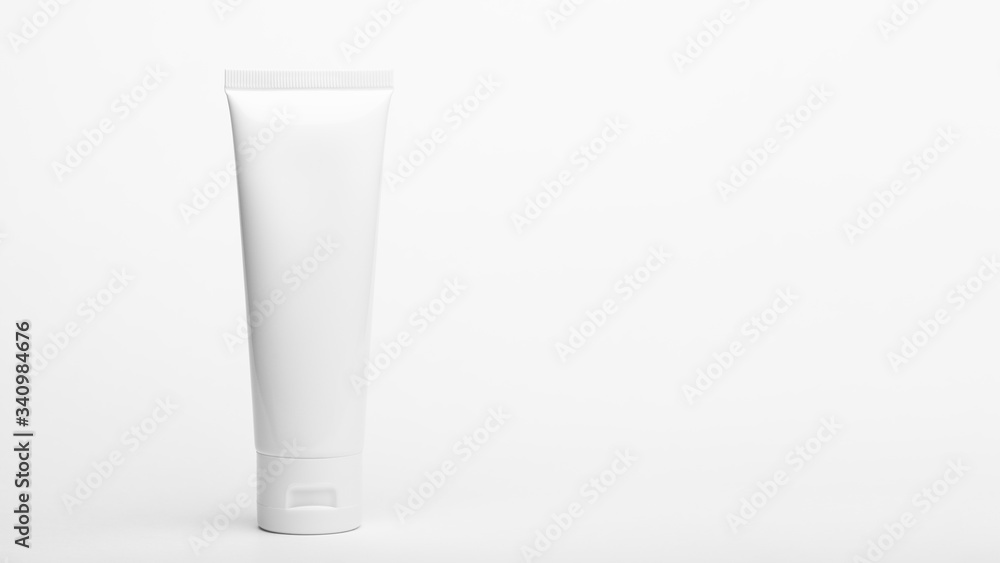 Plastic unbranded flacon. Tube for cream, body lotion, toiletry. Container for professional care products. Skincare and beauty concept. Mockup, copy space in left side. Isolated on white Plastic unbranded flacon. Tube for cream, body lotion, toiletry. Container for professional care products. Skincare and beauty concept. Mockup, copy space in left side. Isolated on white