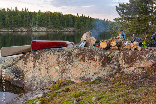 Making camp after paddling in the rocky Canadian Shield country of eastern Manitoba photo