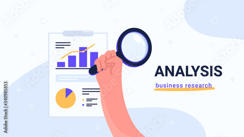 Report analysis and business research. Flat vector modern illustration of human hand holds yellow magnifier to inspect diagram and chart on notepad. Concept design for banners, promo and landing pages