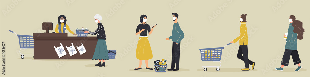 Grocery store during epidemic of virus.Cashier in protective medical mask is behind cash register serves customers who are waiting in line at a safe distance.Teller's workplace in supermarket.Vector Grocery store during epidemic of virus.Cashier in protective medical mask is behind cash register serves customers who are waiting in line at a safe distance.Teller's workplace in supermarket.Vector